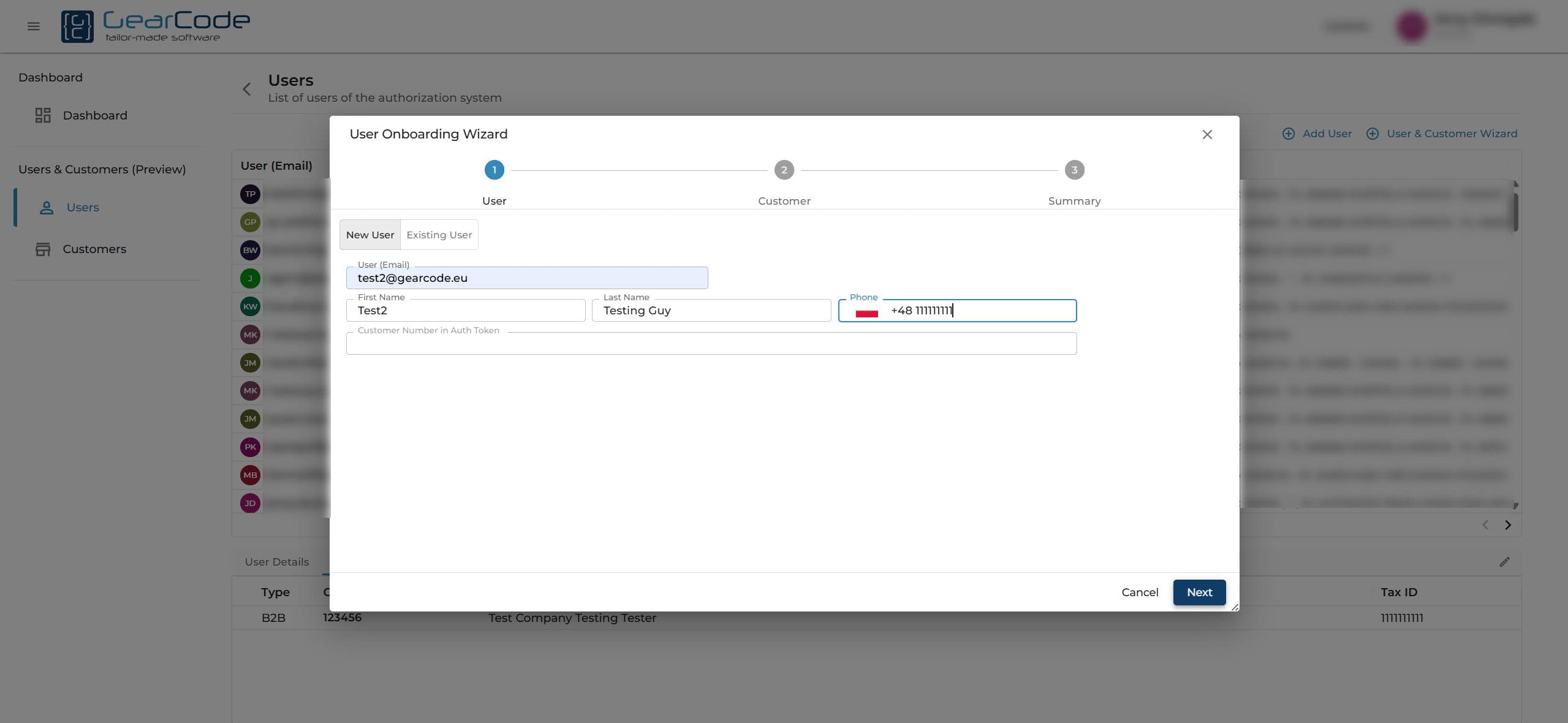 Wizard step 1 — user details