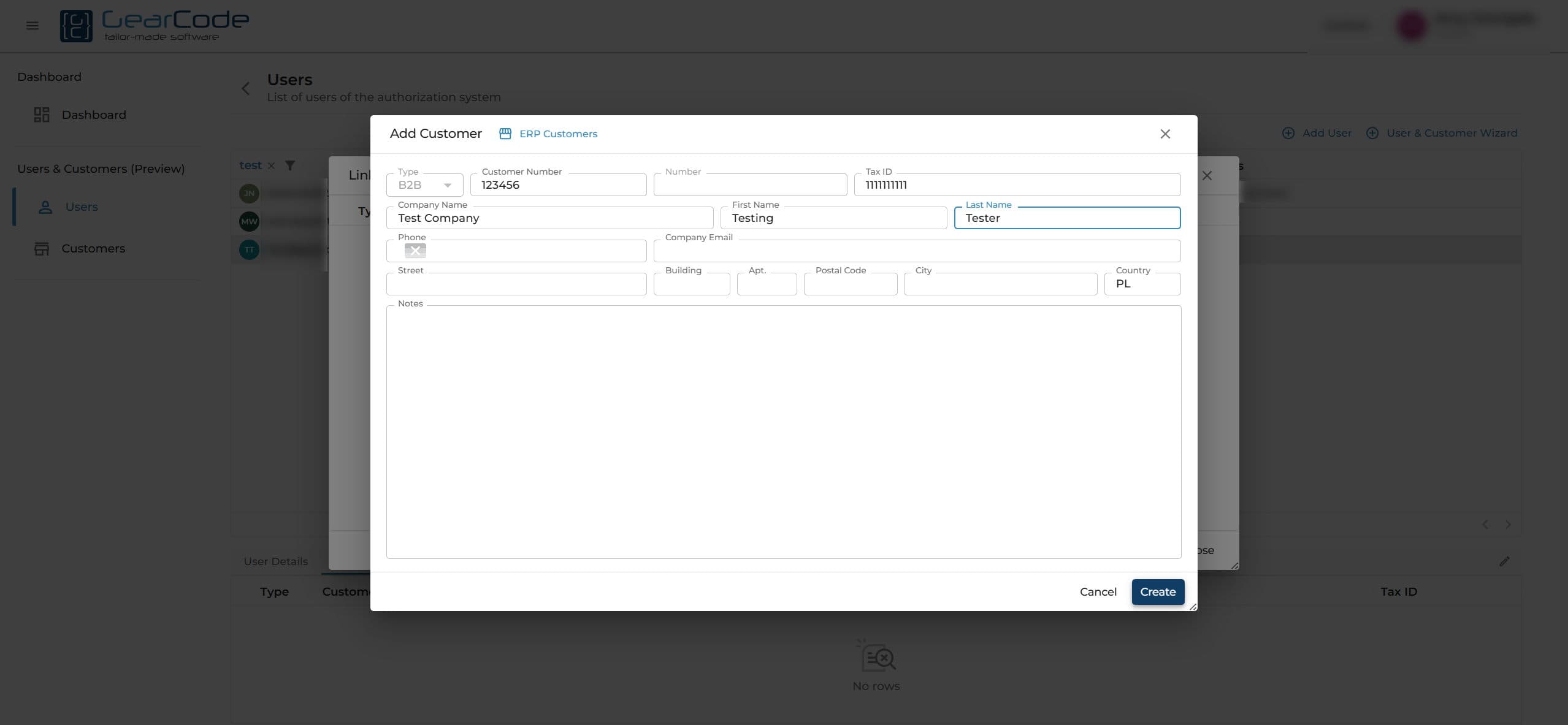 Add Customer form via Create & Link