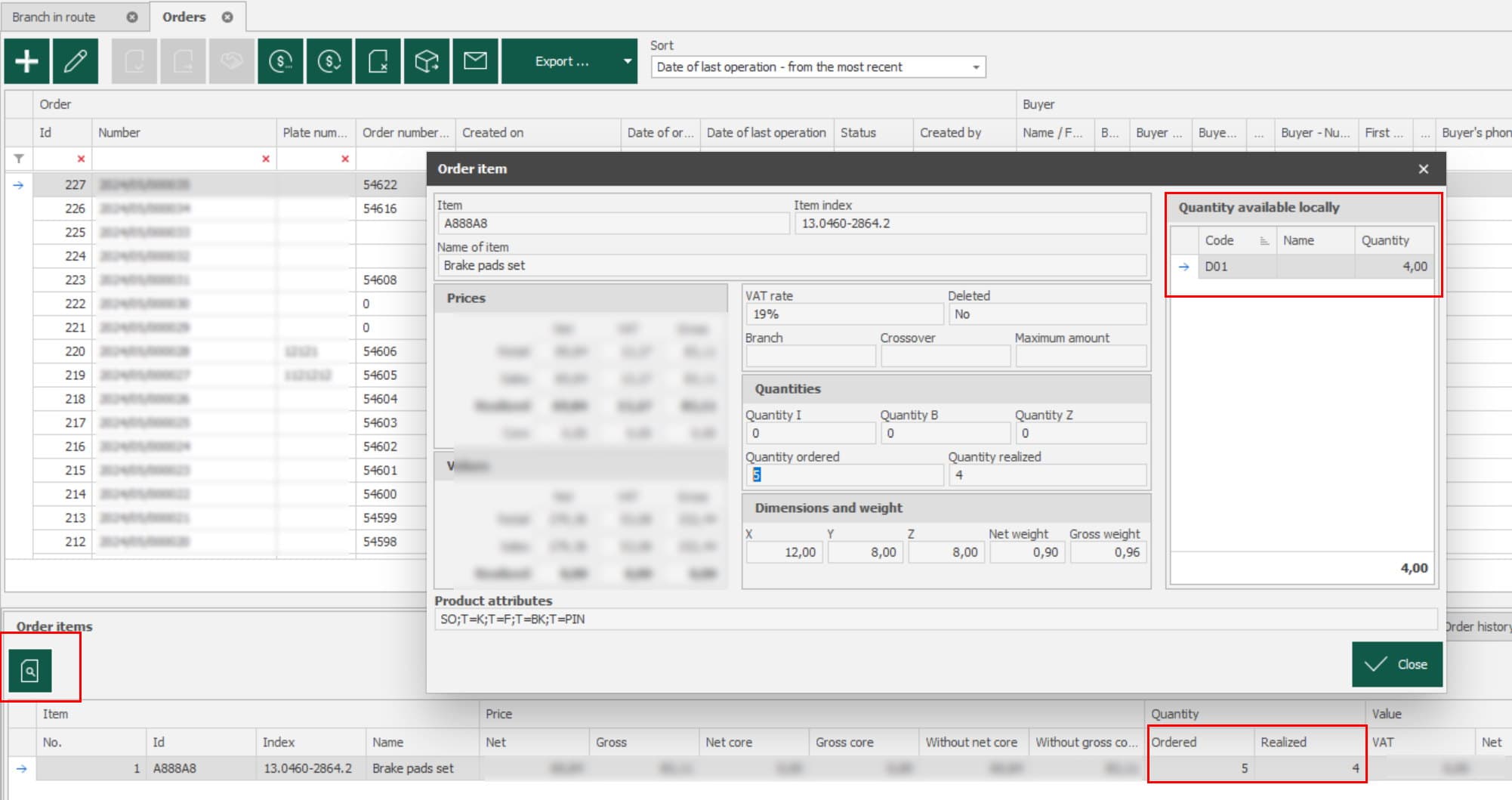 Order item window