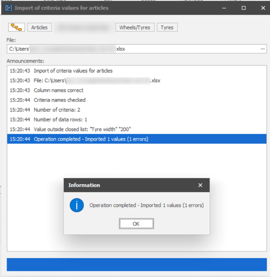 Import result with errors