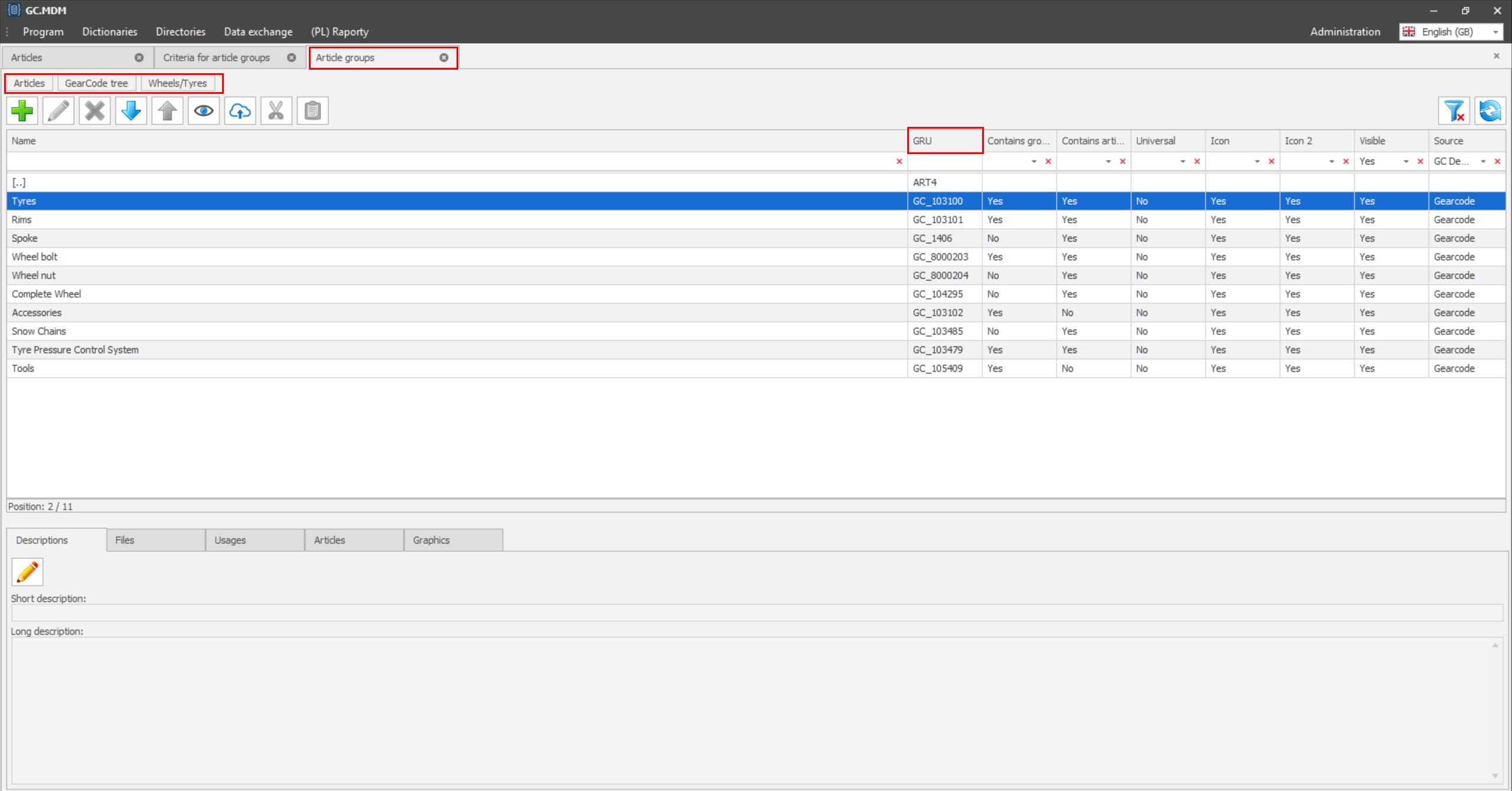 GC.MDM Article groups tab with GRU column highlighted