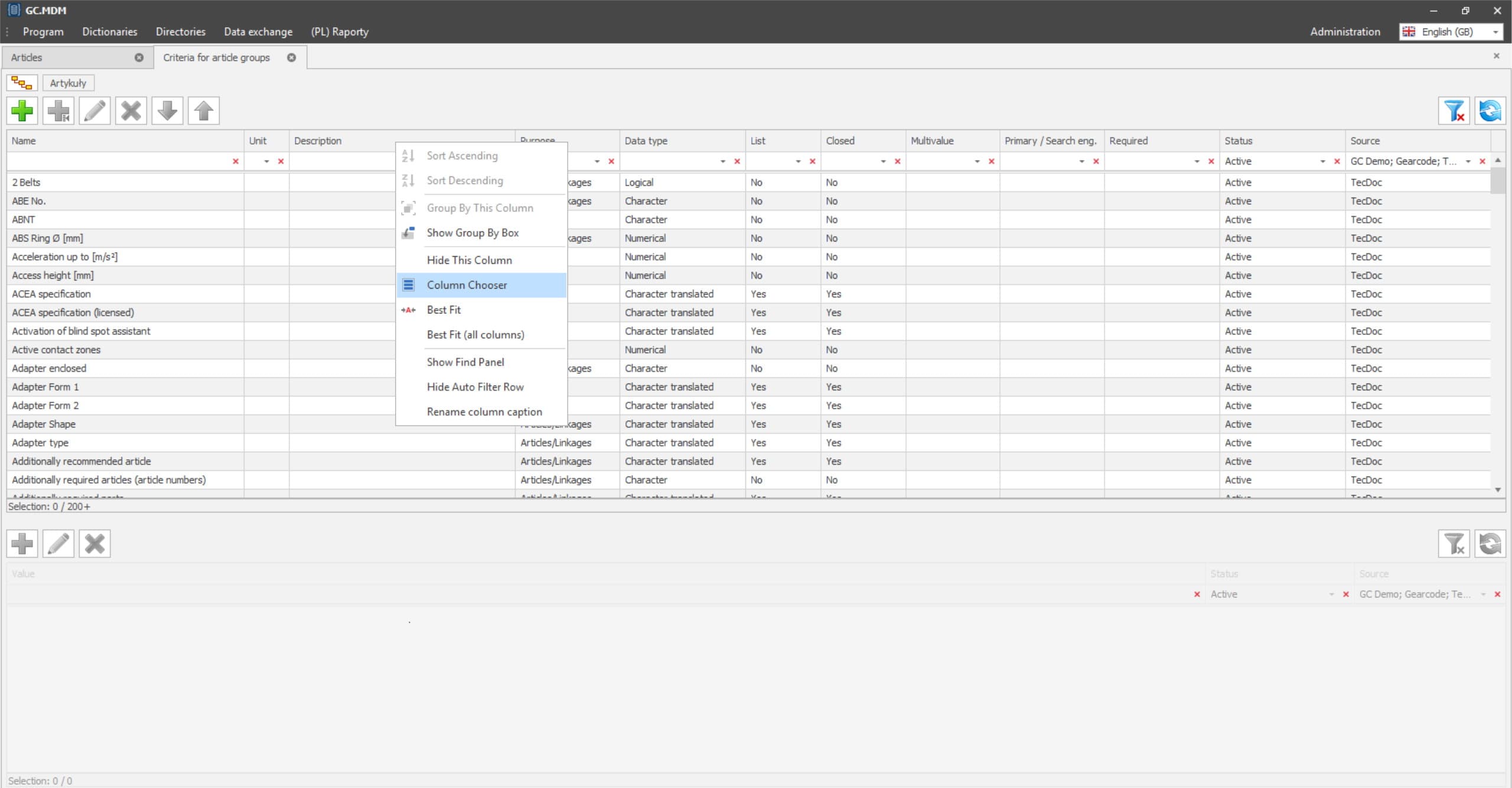 GC.MDM column chooser context menu
