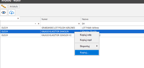 Menu kopiowania artykułu
