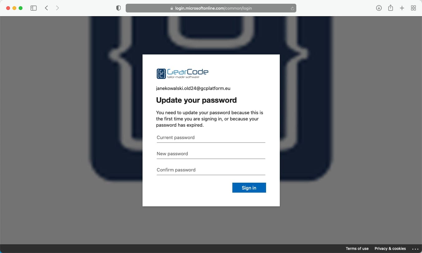 Set password screen